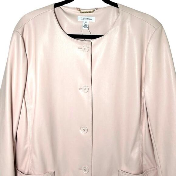 NWT Calvin Klein Women’s Faux Leather Long Coat Pale Pink Size Large - Picture 3 of 6